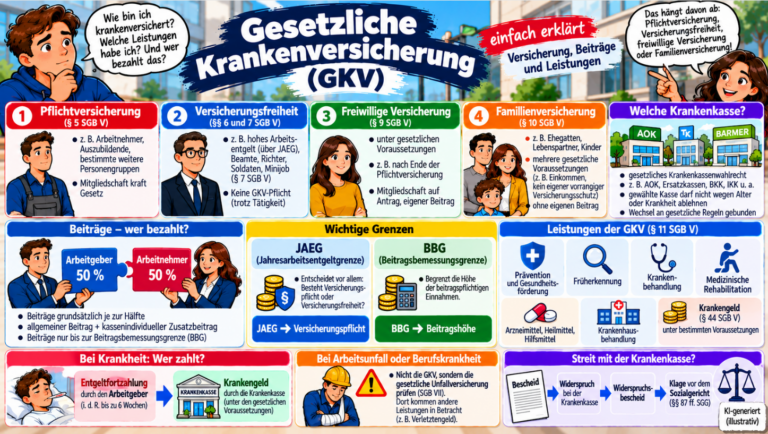 Gesetzliche Krankenversicherung einfach erklärt – Pflichtversicherung, Versicherungsfreiheit, freiwillige Versicherung, Familienversicherung, JAEG, BBG, Beiträge und Leistungen im Überblick