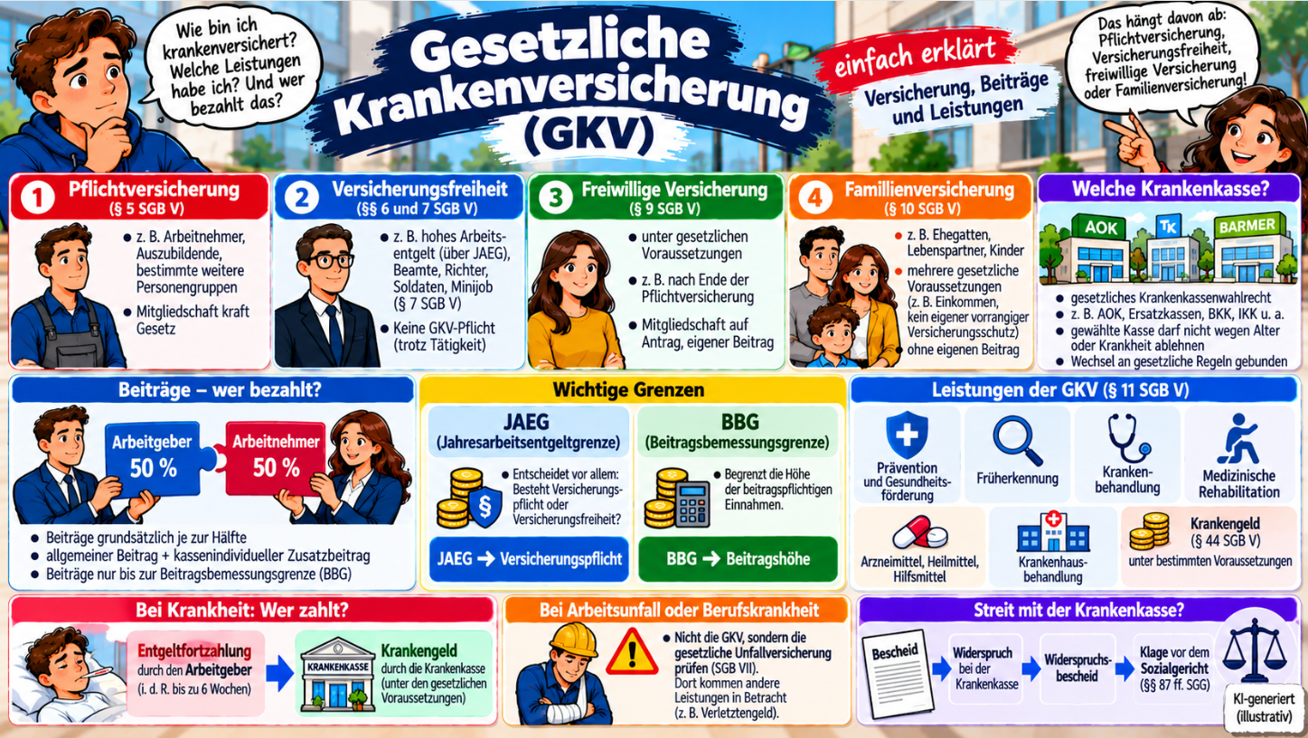 Gesetzliche Krankenversicherung einfach erklärt – Pflichtversicherung, Versicherungsfreiheit, freiwillige Versicherung, Familienversicherung, JAEG, BBG, Beiträge und Leistungen im Überblick