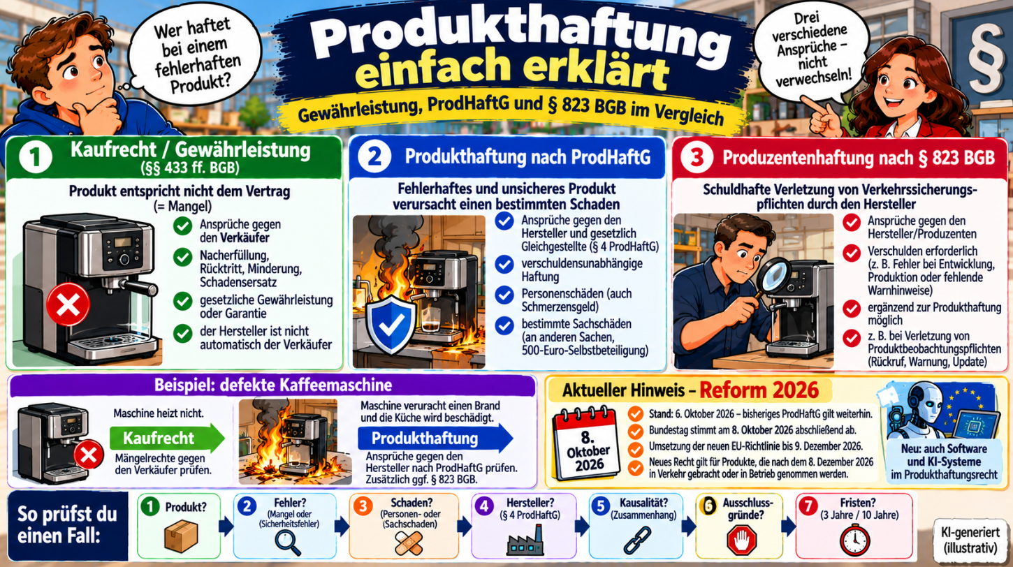 Produkthaftung einfach erklärt – Kaufrecht und Gewährleistung, Produkthaftung nach ProdHaftG, Produzentenhaftung nach § 823 BGB sowie Reform 2026 im Überblick