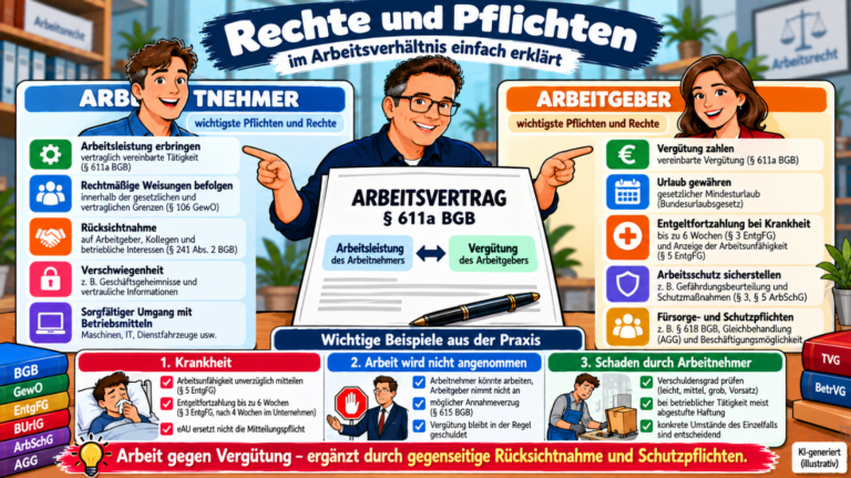 Rechte und Pflichten im Arbeitsverhältnis – Arbeitsleistung und Vergütung sowie Krankheit, Arbeitsschutz, Fürsorgepflicht und Arbeitnehmerhaftung