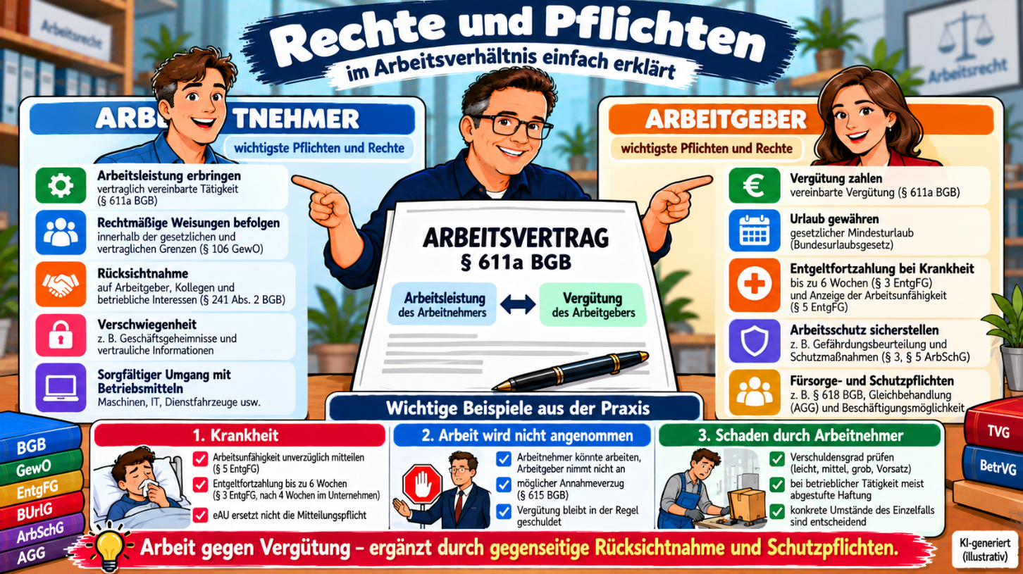 Rechte und Pflichten im Arbeitsverhältnis – Arbeitsleistung und Vergütung sowie Krankheit, Arbeitsschutz, Fürsorgepflicht und Arbeitnehmerhaftung
