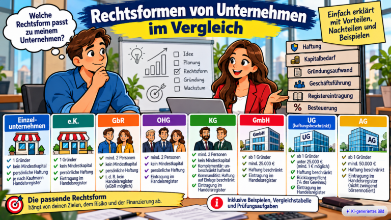 Comic-Illustration zum Vergleich der Unternehmensrechtsformen Einzelunternehmen, e.K., GbR, OHG, KG, GmbH, UG und AG mit Informationen zu Haftung, Mindestkapital und Handelsregistereintragung