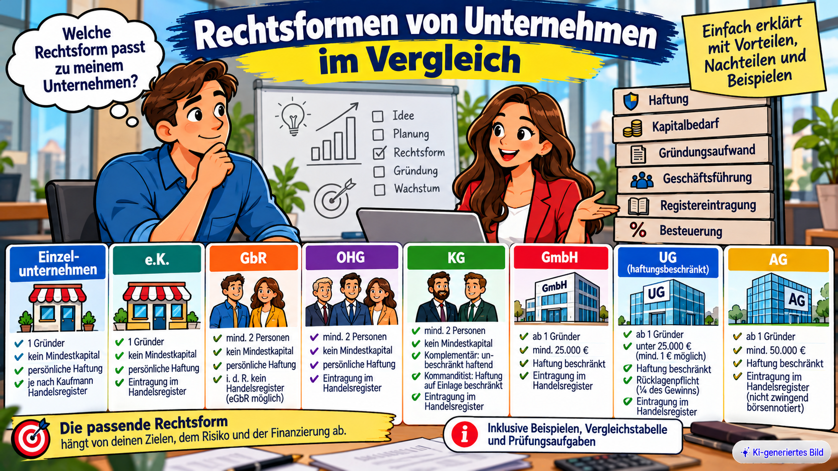 Comic-Illustration zum Vergleich der Unternehmensrechtsformen Einzelunternehmen, e.K., GbR, OHG, KG, GmbH, UG und AG mit Informationen zu Haftung, Mindestkapital und Handelsregistereintragung