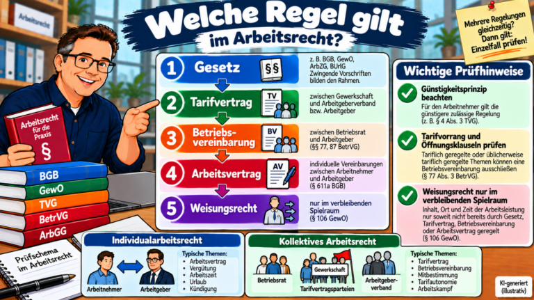 Rechtsgrundlagen im Arbeitsrecht einfach erklärt – Gesetz, Tarifvertrag, Betriebsvereinbarung, Arbeitsvertrag und Weisungsrecht im Prüfschema