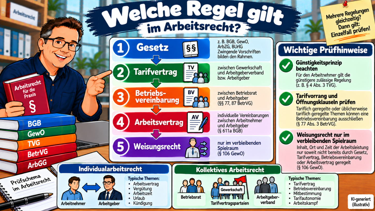 Rechtsgrundlagen im Arbeitsrecht einfach erklärt – Gesetz, Tarifvertrag, Betriebsvereinbarung, Arbeitsvertrag und Weisungsrecht im Prüfschema