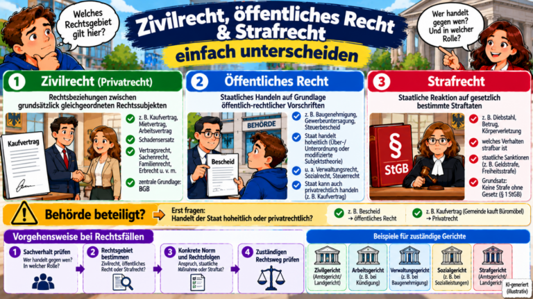 Zivilrecht, öffentliches Recht und Strafrecht einfach erklärt – Unterschiede, Beispiele, hoheitliches Handeln und zuständige Gerichte im Überblick