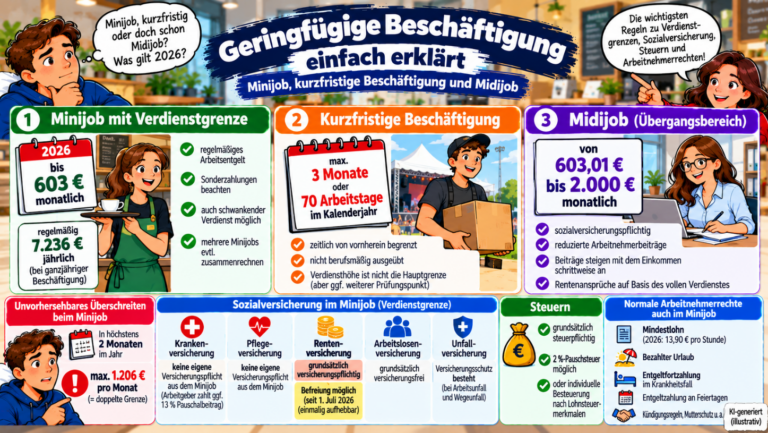 Geringfügige Beschäftigung 2026 einfach erklärt – 603-Euro-Minijob, kurzfristige Beschäftigung, Midijob, Sozialversicherung und Arbeitnehmerrechte im Überblick