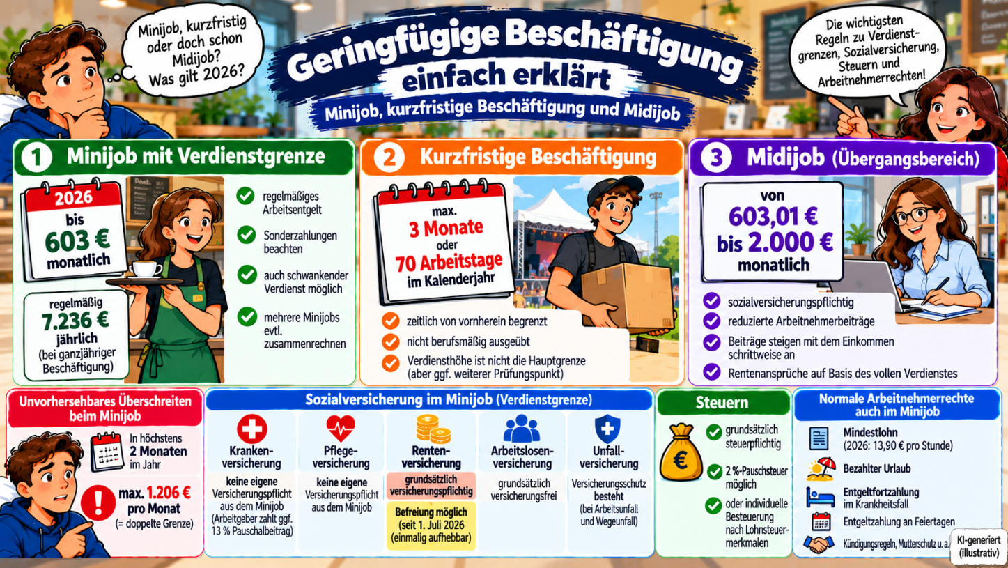 Geringfügige Beschäftigung 2026 einfach erklärt – 603-Euro-Minijob, kurzfristige Beschäftigung, Midijob, Sozialversicherung und Arbeitnehmerrechte im Überblick