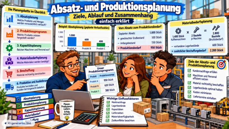 Comic-Illustration zur Absatz- und Produktionsplanung mit Planungsteam, Absatzprognose, Produktionsbedarfsrechnung, Kapazitätsplanung, Materialbedarf und Beschaffung sowie einer Übersicht der betrieblichen Planungskette.