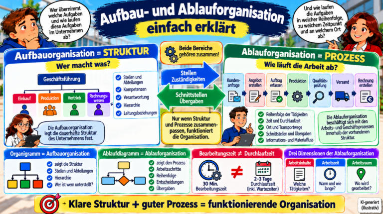 Aufbau- und Ablauforganisation einfach erklärt – Unterschiede zwischen Struktur und Prozess, Zuständigkeiten, Arbeitsschritten, Schnittstellen sowie Bearbeitungs- und Durchlaufzeit
