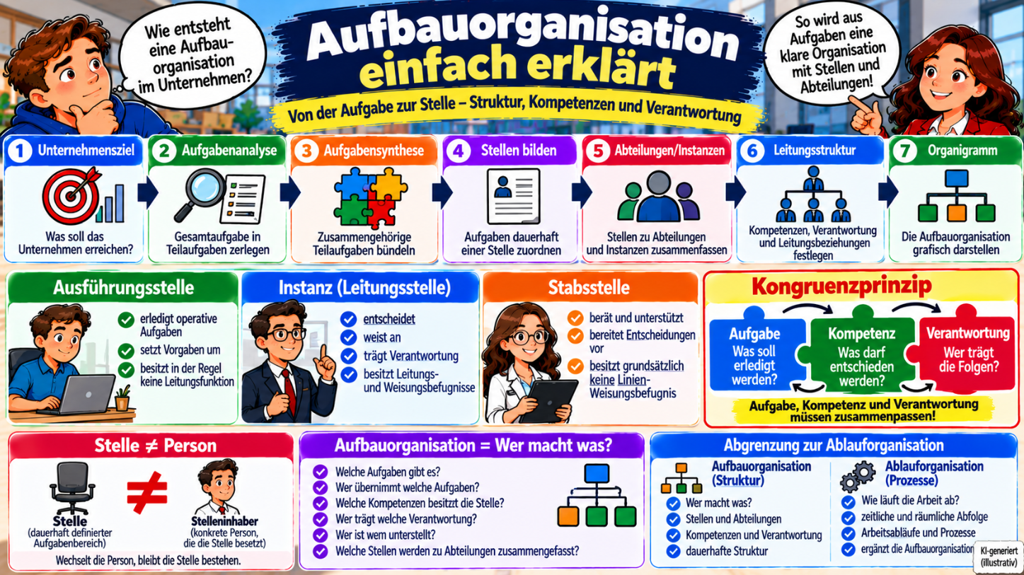 Aufbauorganisation einfach erklärt – Aufgabenanalyse, Aufgabensynthese, Stellenbildung, Instanzen, Stabsstellen, Kompetenzen, Verantwortung und Organigramm im Überblick