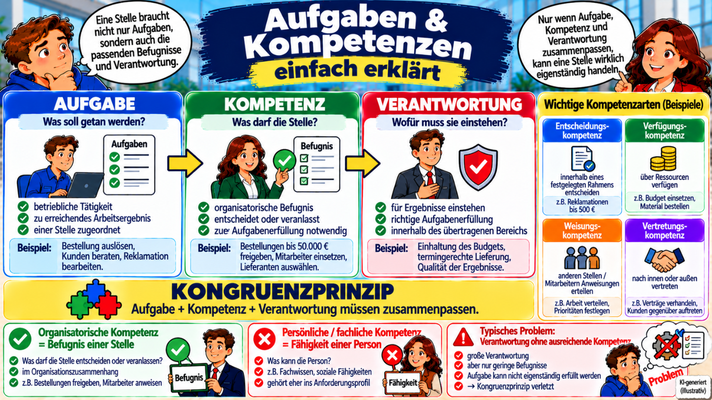 Aufgaben und Kompetenzen einfach erklärt – Aufgabe, organisatorische Befugnis, Verantwortung, Kongruenzprinzip und wichtige Kompetenzarten im Überblick
