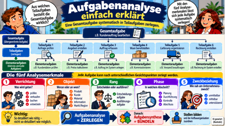 Aufgabenanalyse einfach erklärt – Gesamtaufgabe in Teil- und Elementaraufgaben zerlegen sowie Verrichtung, Objekt, Rang, Phase und Zweckbeziehung als Analysemerkmale