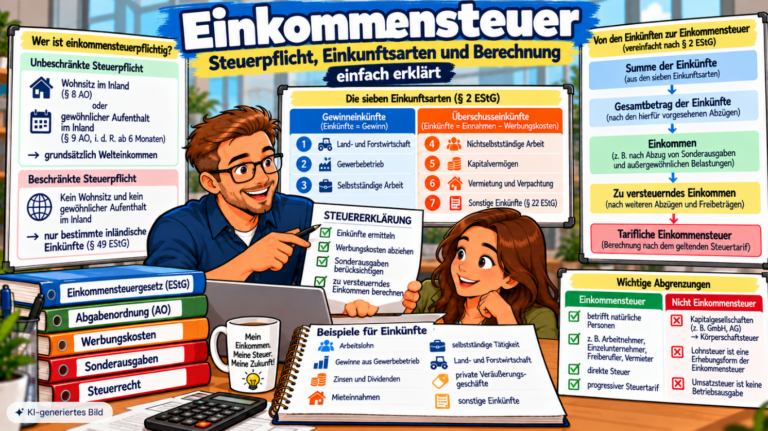 Comic-Illustration zur Einkommensteuer mit den sieben Einkunftsarten, unbeschränkter und beschränkter Steuerpflicht sowie dem Berechnungsschema vom Einkommen bis zur tariflichen Einkommensteuer.