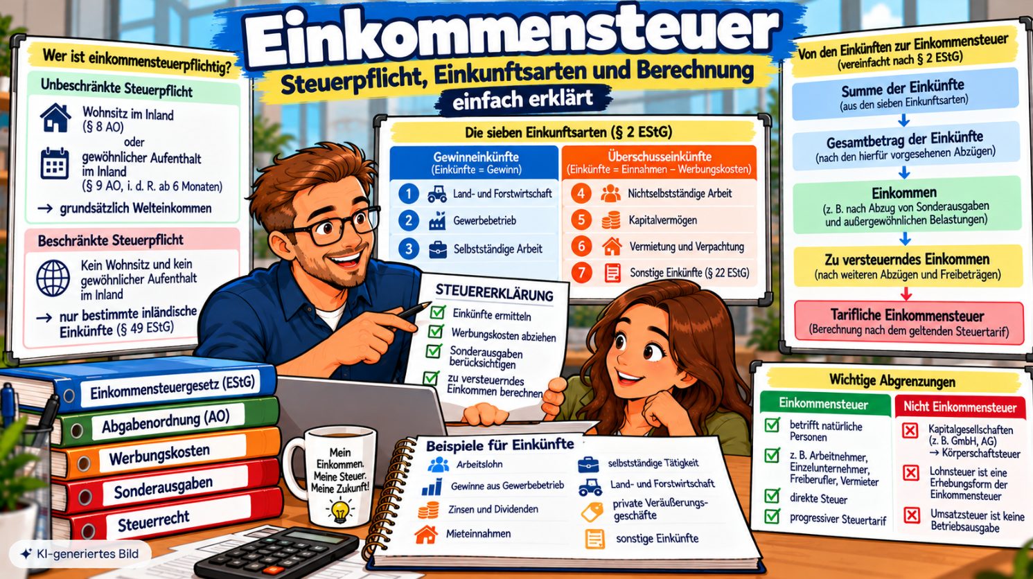 Comic-Illustration zur Einkommensteuer mit den sieben Einkunftsarten, unbeschränkter und beschränkter Steuerpflicht sowie dem Berechnungsschema vom Einkommen bis zur tariflichen Einkommensteuer.