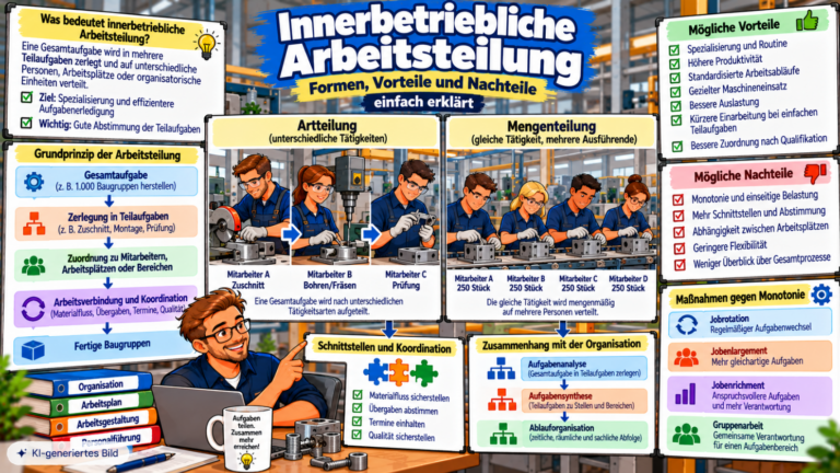 Comic-Illustration zur innerbetrieblichen Arbeitsteilung mit Gegenüberstellung von Artteilung und Mengenteilung, Vorteilen und Nachteilen, Arbeitsverbindung und Koordination sowie Maßnahmen wie Jobrotation, Jobenlargement und Jobenrichment.