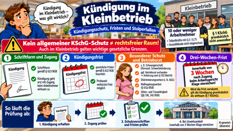 Kündigung im Kleinbetrieb einfach erklärt – Kündigungsschutz, Schriftform, Kündigungsfrist, besonderer Schutz, Betriebsrat und Drei-Wochen-Frist im Überblick