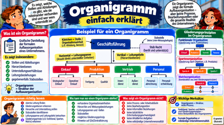 Organigramm einfach erklärt – Stellen, Abteilungen, Hierarchie, Leitungsbeziehungen, Stabsstellen, Leitungsspanne und Gliederungsprinzipien im Überblick