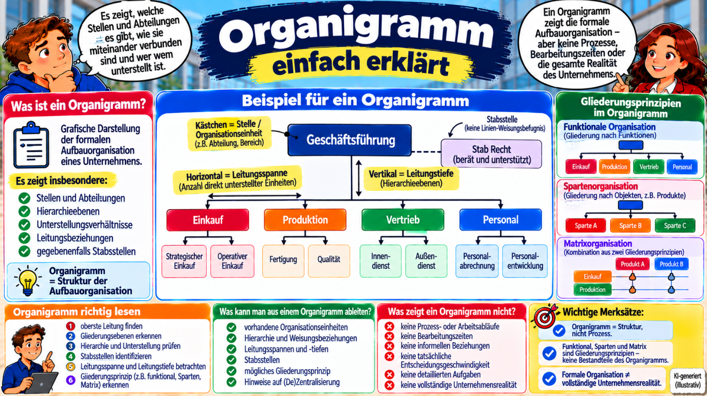 Organigramm einfach erklärt – Stellen, Abteilungen, Hierarchie, Leitungsbeziehungen, Stabsstellen, Leitungsspanne und Gliederungsprinzipien im Überblick