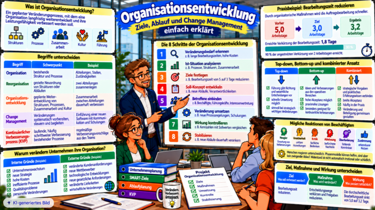 Comic-Illustration zur Organisationsentwicklung mit acht Schritten des Veränderungsprozesses, Vergleich von Top-down und Bottom-up, Reaktionen der Beschäftigten sowie Praxisbeispiel zur Verkürzung der Bearbeitungszeit von 5 auf 3,2 Arbeitstage.