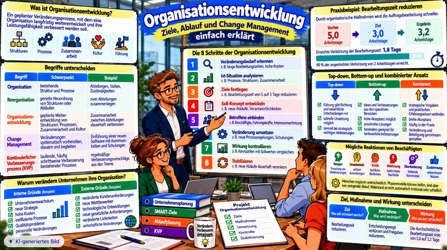 Comic-Illustration zur Organisationsentwicklung mit acht Schritten des Veränderungsprozesses, Vergleich von Top-down und Bottom-up, Reaktionen der Beschäftigten sowie Praxisbeispiel zur Verkürzung der Bearbeitungszeit von 5 auf 3,2 Arbeitstage.
