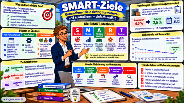 Comic-Illustration zur SMART-Methode mit den fünf Kriterien spezifisch, messbar, attraktiv, realistisch und terminiert, Praxisbeispiel zur Senkung der Reklamationsquote von 4,0 auf 2,5 Prozent, Zielkontrolle und Zielbeziehungen.