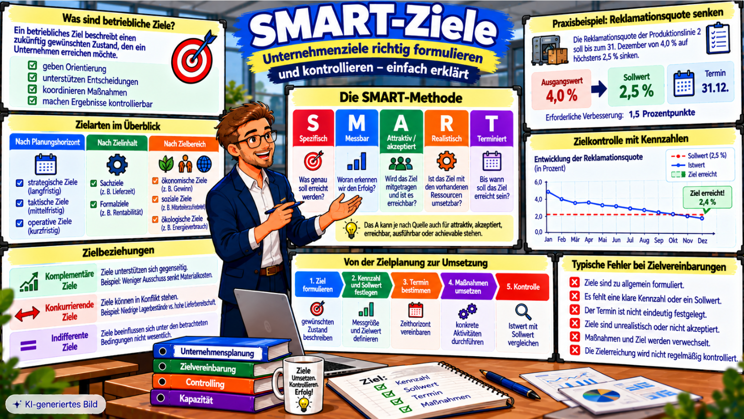 Comic-Illustration zur SMART-Methode mit den fünf Kriterien spezifisch, messbar, attraktiv, realistisch und terminiert, Praxisbeispiel zur Senkung der Reklamationsquote von 4,0 auf 2,5 Prozent, Zielkontrolle und Zielbeziehungen.