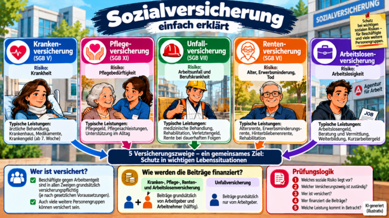 Sozialversicherungsrecht einfach erklärt – Kranken-, Pflege-, Unfall-, Renten- und Arbeitslosenversicherung mit Risiken, Leistungen und Finanzierung im Überblick