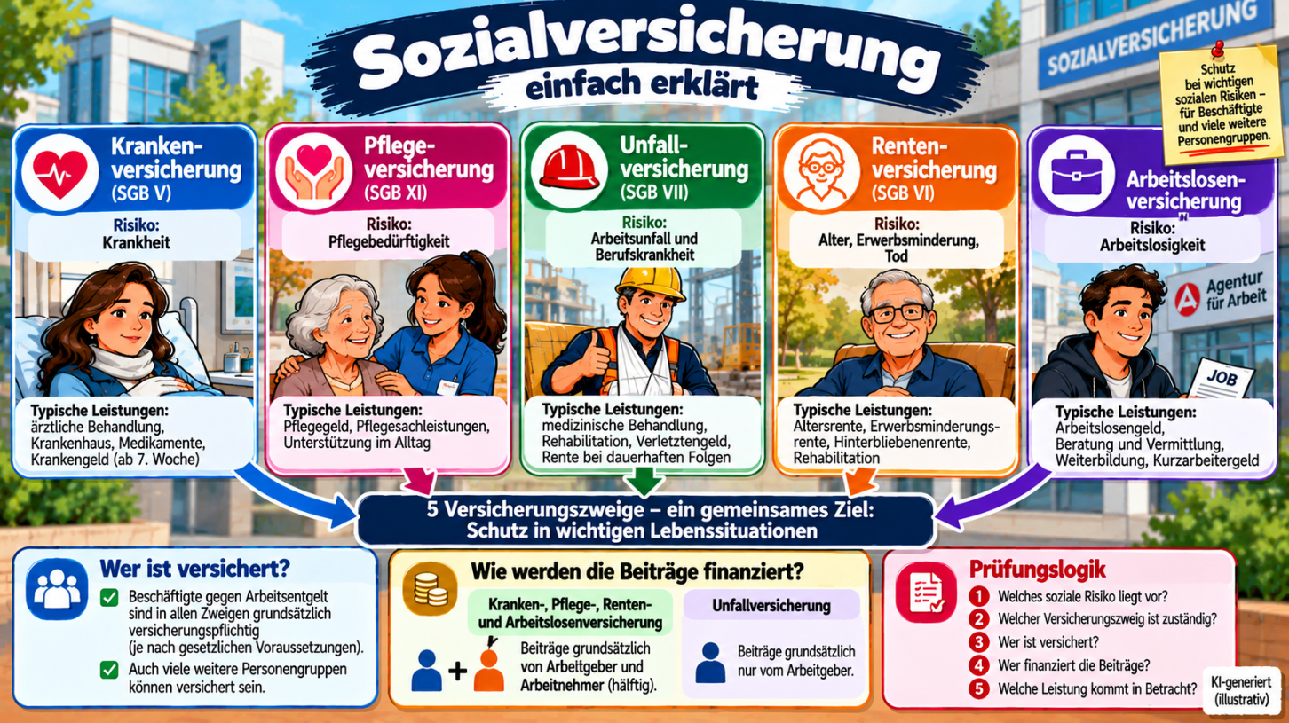 Sozialversicherungsrecht einfach erklärt – Kranken-, Pflege-, Unfall-, Renten- und Arbeitslosenversicherung mit Risiken, Leistungen und Finanzierung im Überblick