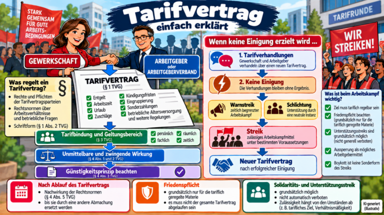 Tarifvertrag einfach erklärt – Tarifbindung, Geltungsbereich, Günstigkeitsprinzip, Nachwirkung sowie Tarifverhandlungen und Streik im Überblick