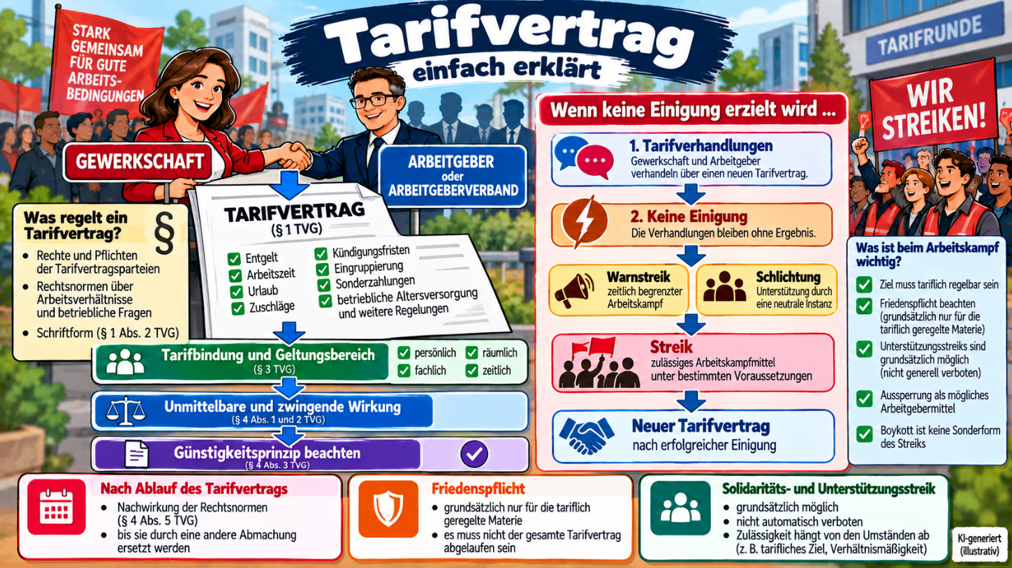 Tarifvertrag einfach erklärt – Tarifbindung, Geltungsbereich, Günstigkeitsprinzip, Nachwirkung sowie Tarifverhandlungen und Streik im Überblick