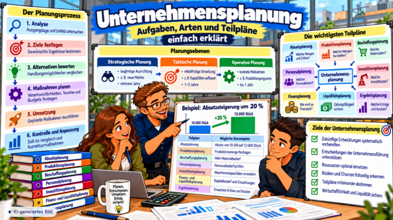 Comic-Illustration zur Unternehmensplanung mit Planungsteam, strategischer, taktischer und operativer Planung, betrieblichen Teilplänen sowie Planungsprozess und Praxisbeispiel zur Absatzsteigerung.