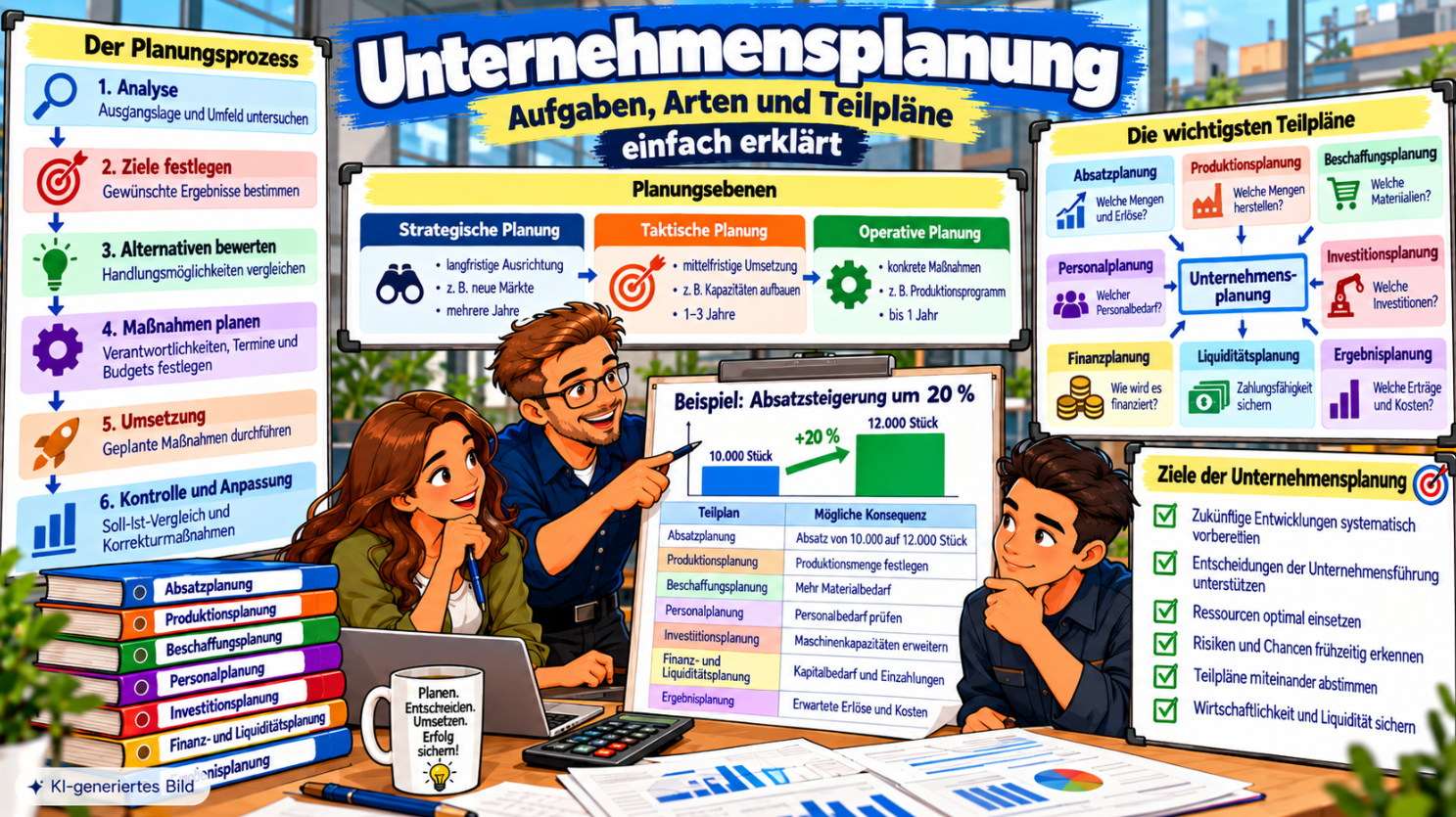 Comic-Illustration zur Unternehmensplanung mit Planungsteam, strategischer, taktischer und operativer Planung, betrieblichen Teilplänen sowie Planungsprozess und Praxisbeispiel zur Absatzsteigerung.