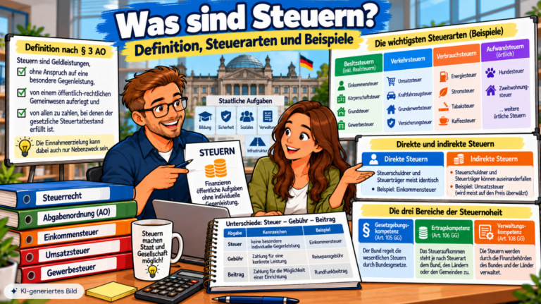 Comic-Illustration zu Steuern mit Definition nach § 3 AO, Übersicht der Steuerarten, direkten und indirekten Steuern sowie den drei Bereichen der Steuerhoheit: Gesetzgebung, Ertrag und Verwaltung.