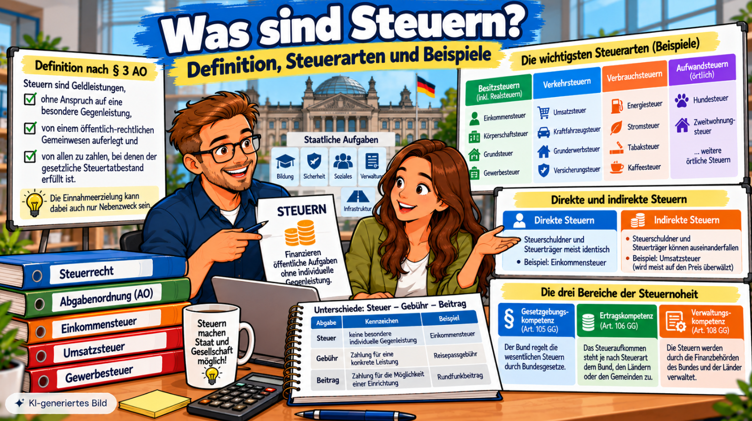 Comic-Illustration zu Steuern mit Definition nach § 3 AO, Übersicht der Steuerarten, direkten und indirekten Steuern sowie den drei Bereichen der Steuerhoheit: Gesetzgebung, Ertrag und Verwaltung.