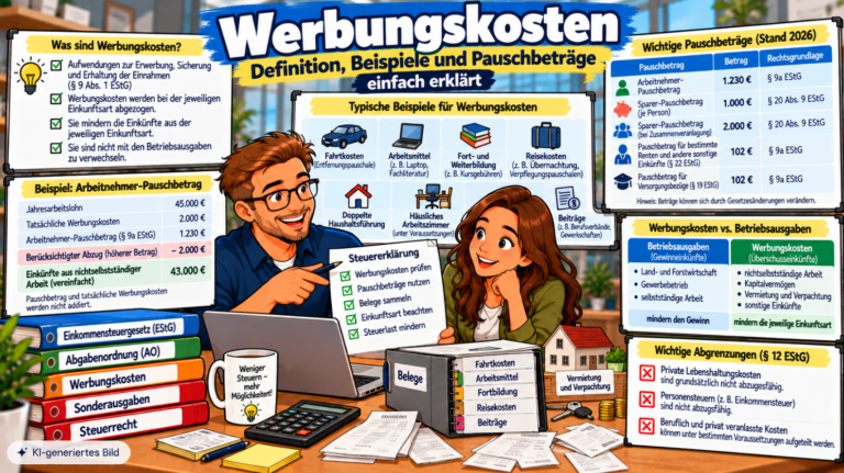 Comic-Illustration zu Werbungskosten mit Beispielen für Fahrtkosten, Arbeitsmittel, Fortbildung und Vermietung sowie einer Übersicht der steuerlichen Pauschbeträge und der Abgrenzung zu Betriebsausgaben.