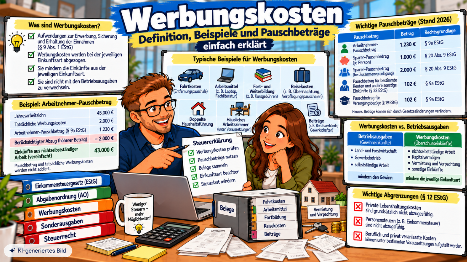 Comic-Illustration zu Werbungskosten mit Beispielen für Fahrtkosten, Arbeitsmittel, Fortbildung und Vermietung sowie einer Übersicht der steuerlichen Pauschbeträge und der Abgrenzung zu Betriebsausgaben.