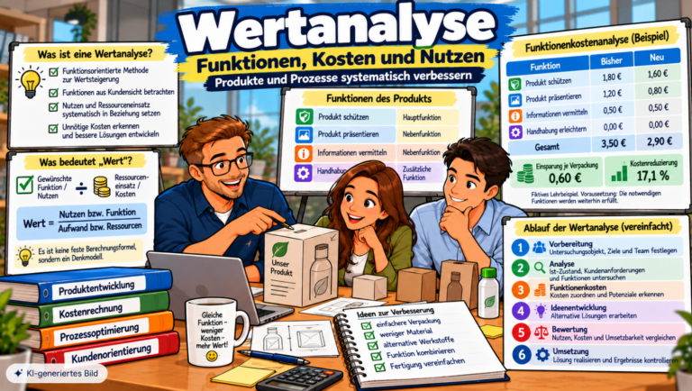 Comic-Illustration zur Wertanalyse mit einem Team bei der Verpackungsoptimierung, Funktionsanalyse, Funktionenkostenvergleich und den sechs Schritten zur Verbesserung von Produkten und Prozessen.