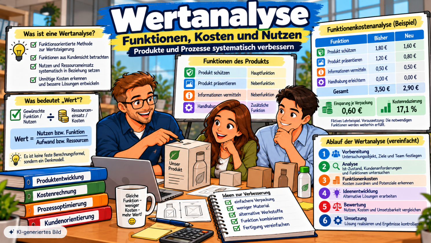 Comic-Illustration zur Wertanalyse mit einem Team bei der Verpackungsoptimierung, Funktionsanalyse, Funktionenkostenvergleich und den sechs Schritten zur Verbesserung von Produkten und Prozessen.