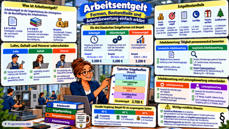 Comic-Illustration zum Arbeitsentgelt mit Zeitentgelt, Akkordentgelt und Prämienentgelt, Beispielen zur Entgeltberechnung, Entgeltbestandteilen sowie dem Unterschied zwischen summarischer und analytischer Arbeitsbewertung und Leistungsbewertung.