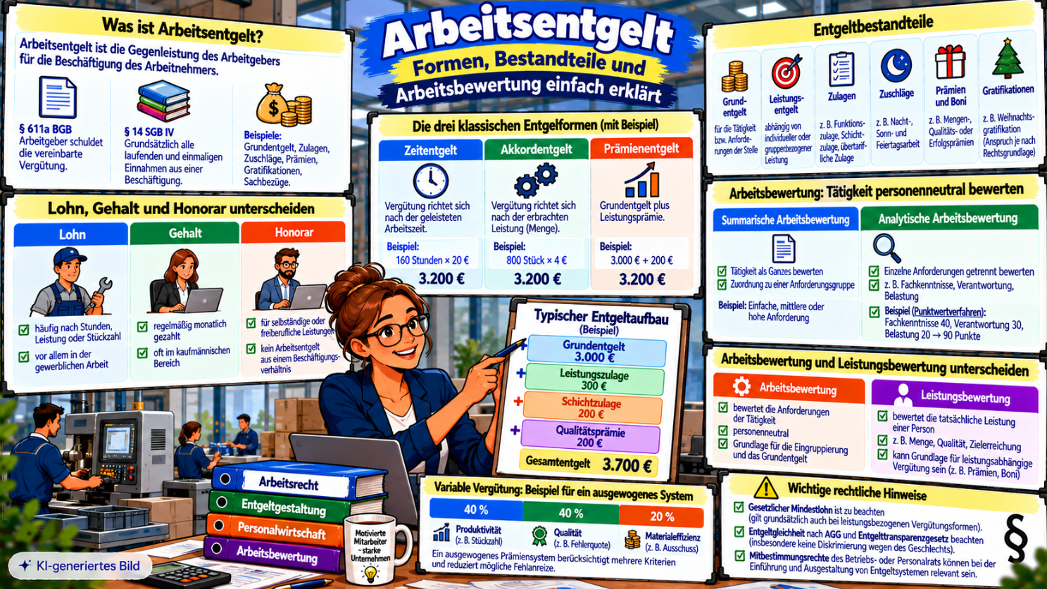 Comic-Illustration zum Arbeitsentgelt mit Zeitentgelt, Akkordentgelt und Prämienentgelt, Beispielen zur Entgeltberechnung, Entgeltbestandteilen sowie dem Unterschied zwischen summarischer und analytischer Arbeitsbewertung und Leistungsbewertung.