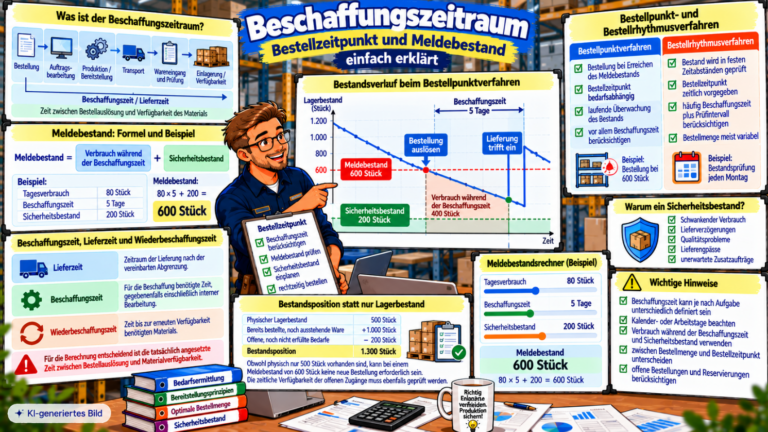 Comic-Illustration zum Beschaffungszeitraum mit Meldebestandsberechnung, Bestandsverlauf bei 600 Stück Meldebestand und 200 Stück Sicherheitsbestand sowie Vergleich von Bestellpunkt- und Bestellrhythmusverfahren.