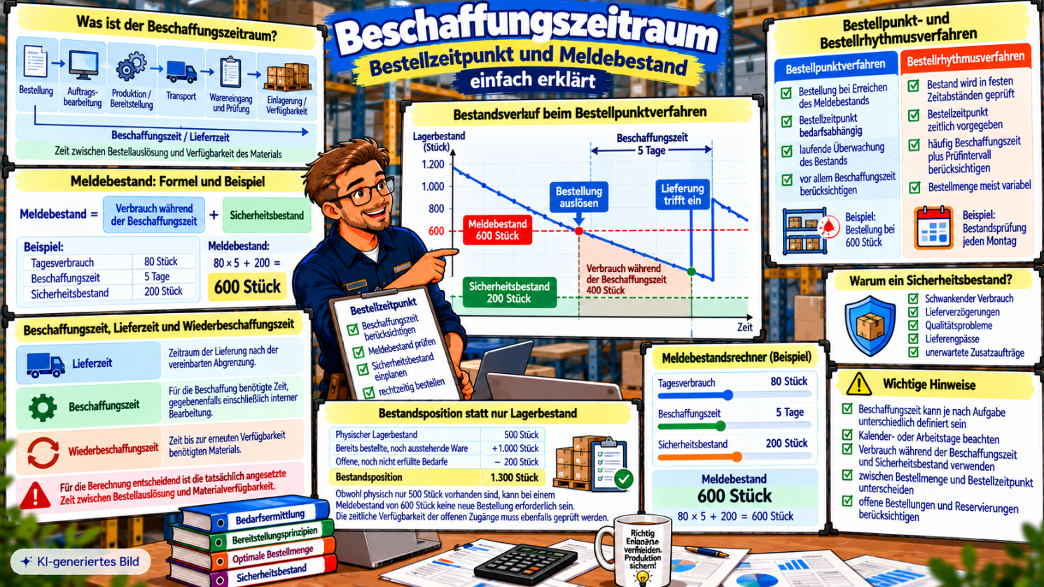 Comic-Illustration zum Beschaffungszeitraum mit Meldebestandsberechnung, Bestandsverlauf bei 600 Stück Meldebestand und 200 Stück Sicherheitsbestand sowie Vergleich von Bestellpunkt- und Bestellrhythmusverfahren.