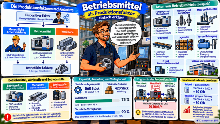 Comic-Illustration zu Betriebsmitteln als Produktionsfaktor mit Produktionsfaktoren nach Gutenberg, Betriebsmittelarten, Abgrenzung zu Werk- und Betriebsstoffen sowie Beispielen zu Kapazität, 75 % Auslastung, 70 Stück pro Stunde Engpass und Maschinenstundensatz.