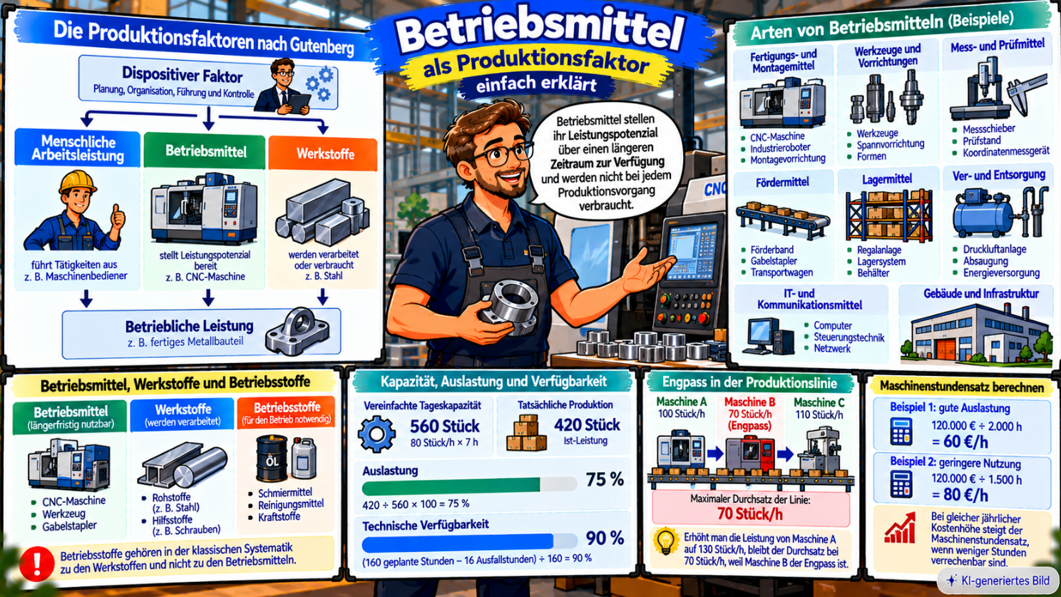 Comic-Illustration zu Betriebsmitteln als Produktionsfaktor mit Produktionsfaktoren nach Gutenberg, Betriebsmittelarten, Abgrenzung zu Werk- und Betriebsstoffen sowie Beispielen zu Kapazität, 75 % Auslastung, 70 Stück pro Stunde Engpass und Maschinenstundensatz.