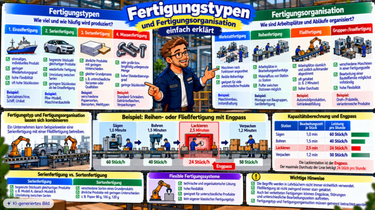 Comic-Illustration zu Fertigungstypen und Fertigungsorganisation mit Einzel-, Serien-, Sorten- und Massenfertigung, Vergleich von Werkstatt-, Reihen-, Fließ- und Inselfertigung sowie Produktionslinie mit Engpass beim Lackieren (24 Stück pro Stunde).