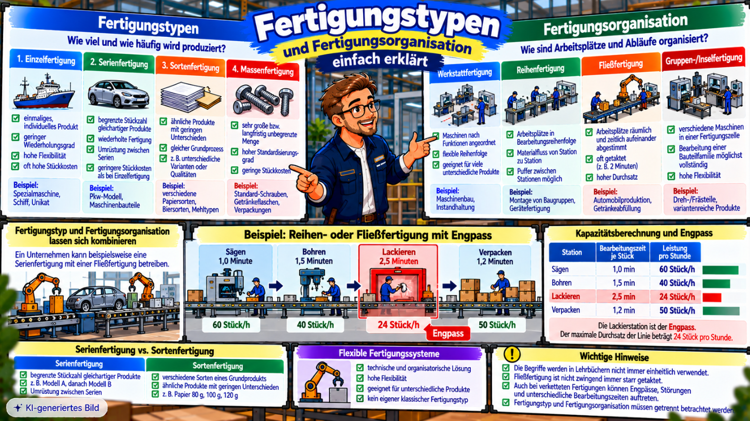 Comic-Illustration zu Fertigungstypen und Fertigungsorganisation mit Einzel-, Serien-, Sorten- und Massenfertigung, Vergleich von Werkstatt-, Reihen-, Fließ- und Inselfertigung sowie Produktionslinie mit Engpass beim Lackieren (24 Stück pro Stunde).