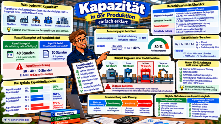 Comic-Illustration zur Kapazität in der Produktion mit Kapazitätsangebot von 40 Stunden, Kapazitätsbedarf von 50 Stunden, Auslastungsberechnung, Engpass einer Produktionslinie und Maßnahmen zum Kapazitätsabgleich.