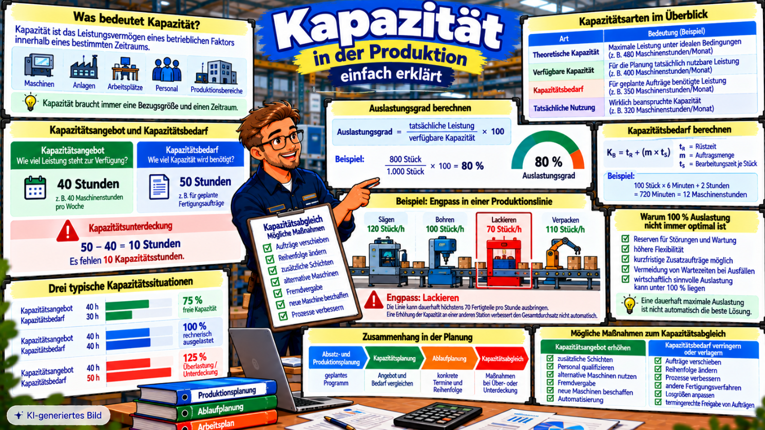 Comic-Illustration zur Kapazität in der Produktion mit Kapazitätsangebot von 40 Stunden, Kapazitätsbedarf von 50 Stunden, Auslastungsberechnung, Engpass einer Produktionslinie und Maßnahmen zum Kapazitätsabgleich.