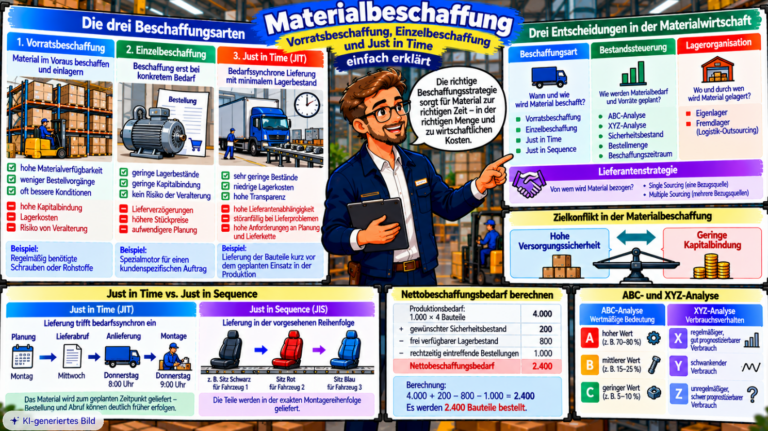 Comic-Illustration zur Materialbeschaffung mit Vorratsbeschaffung, Einzelbeschaffung und Just in Time, Vergleich von Beschaffungsart, Bestandssteuerung und Lagerorganisation sowie Just in Sequence, ABC-/XYZ-Analyse und Nettobeschaffungsbedarf von 2.400 Bauteilen.